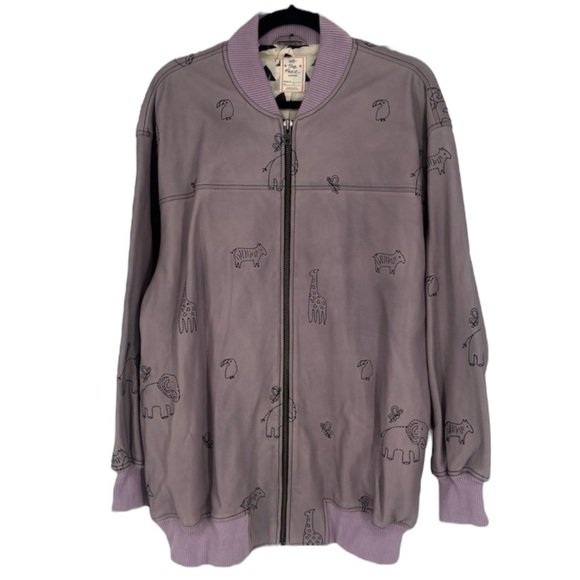Free People Jackets & Blazers - Free People Purple Oversized Leather Animal Print Embroidered Bomber Jacket S